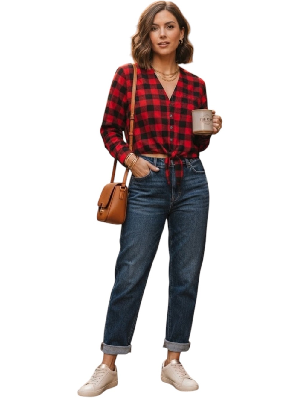 BLEUH CIEL Western Preppy Buffalo Plaid Tie Front V-Neck Blouse Red Black Medium